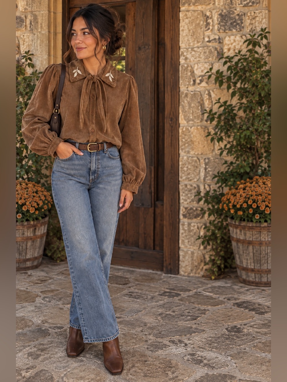 Corduroy Tie-Collar Button-Down Top in Brown